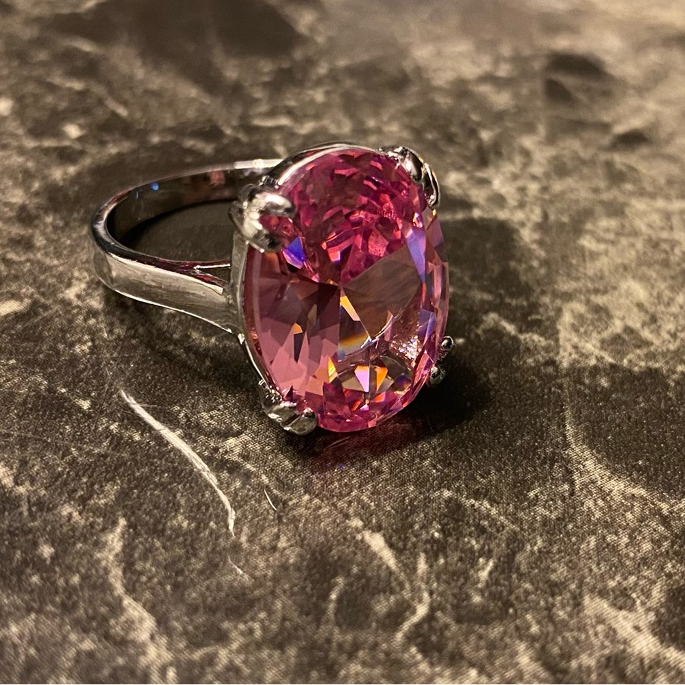 Elegant Pink Oval Solitaire Synthetic Cubic Zirconia Silver Plated Ring